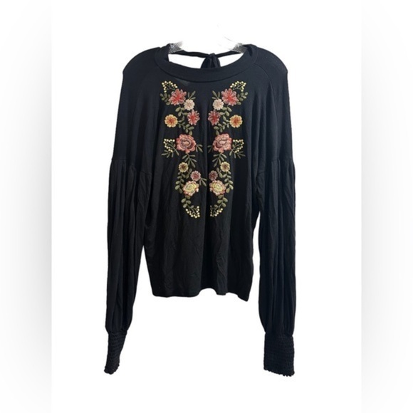 Tops - Women’s Black High Neck Long Sleeve Shirt Embroidered Blouse Top Small